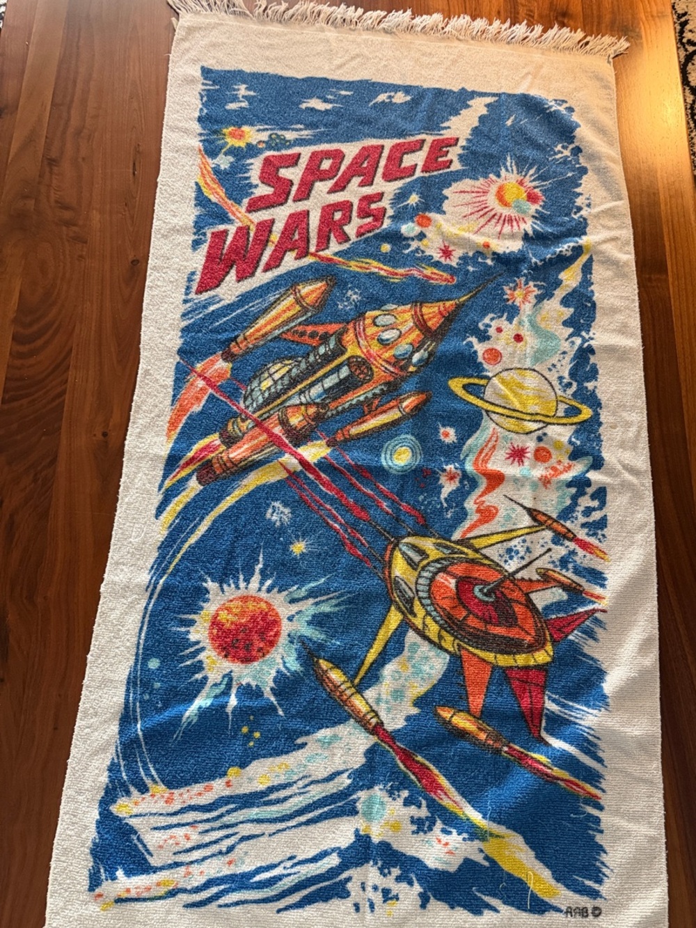 Space Wars Blue & White Beach Towel - Retro Rocket Graphic